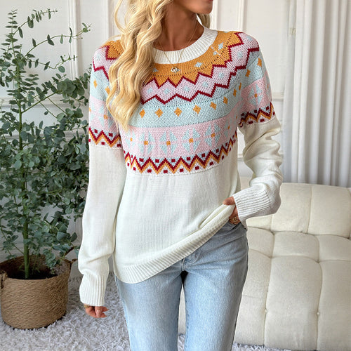 Damen Strickpullover mit traditionellem Muster und überschnittenen Schultern Drune