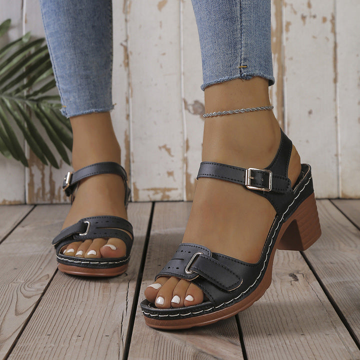 Damen modische Sandaletten mit eleganter Schnalle und Holz-Blockabsatz Drune