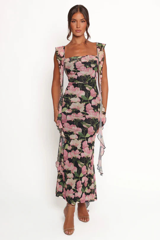 Damen Etuikleid mit romantischem floralem Design und Rüschenärmeln Drune