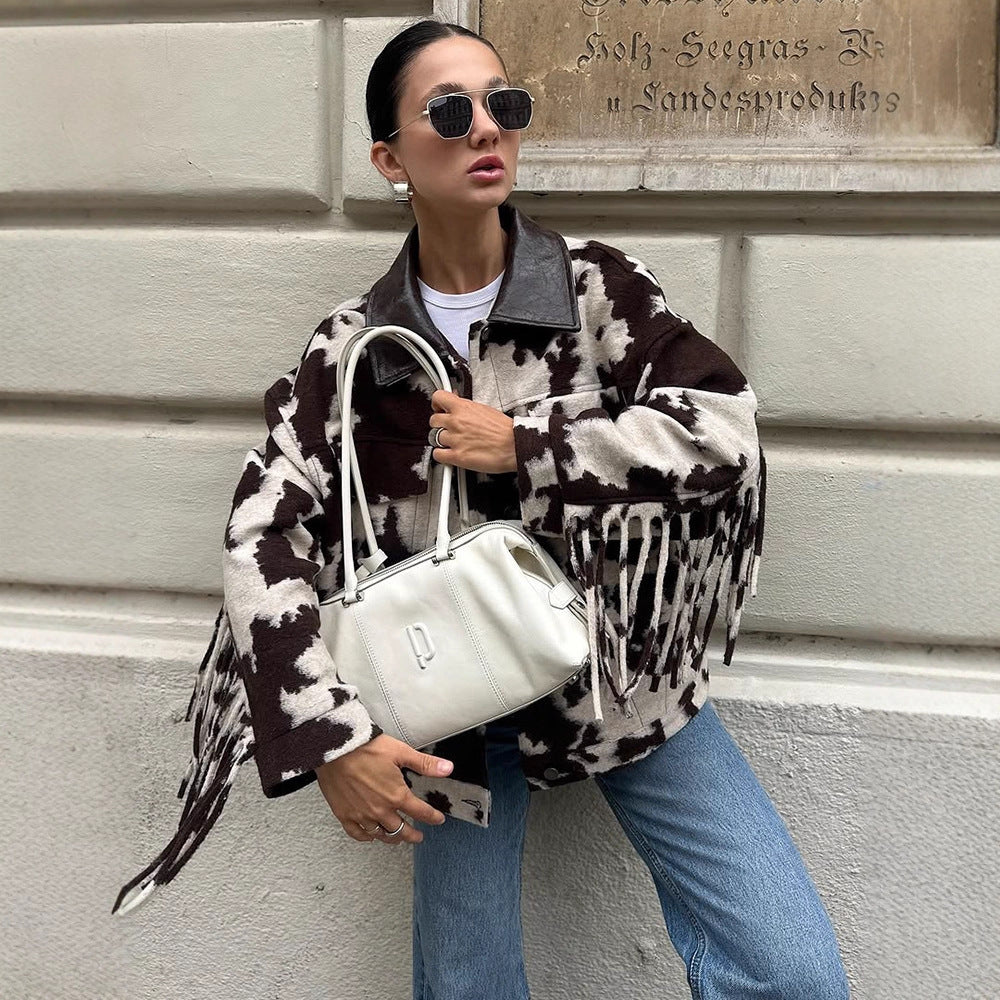 Damen Oversized Fransenjacke mit Kuhmuster Drune