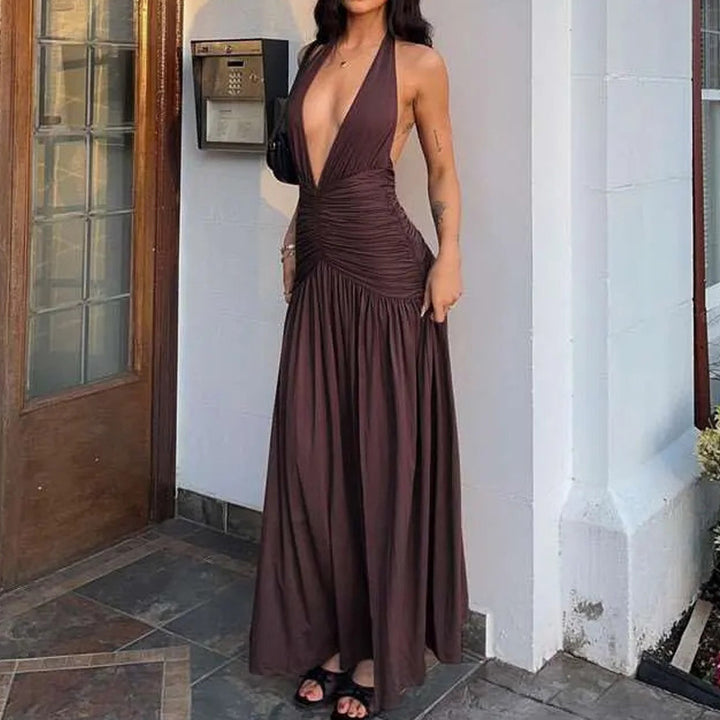 Damen Maxikleid mit tiefem V-Ausschnitt und drapierter Silhouette Drune