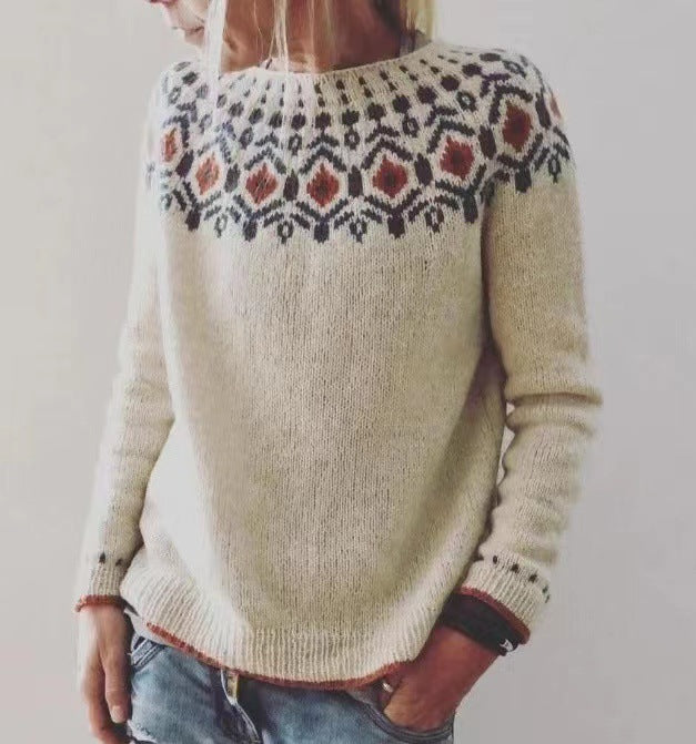 Damen nan gemusterter Norwegerstrickpullover mit weitem Rundhalsausschnitt und lässigem Oversize-Schnitt Drune