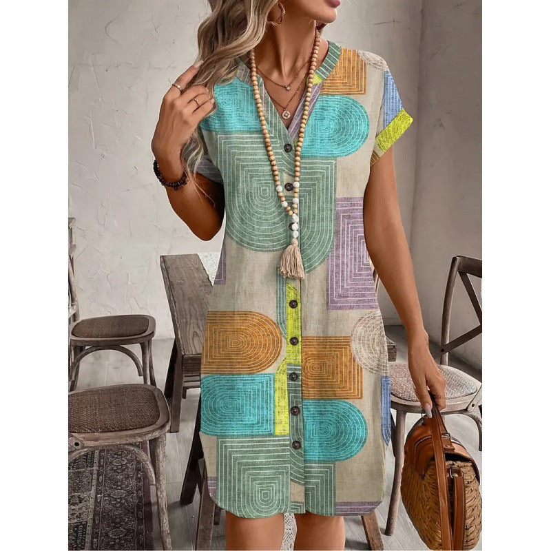 Damen Hemdblusenkleid mit geometrischem Muster und kurzen Ärmeln Drune