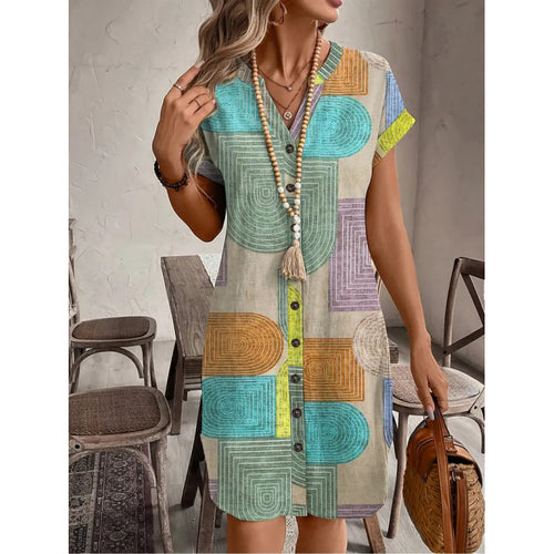Damen Hemdblusenkleid mit geometrischem Muster und kurzen Ärmeln Drune