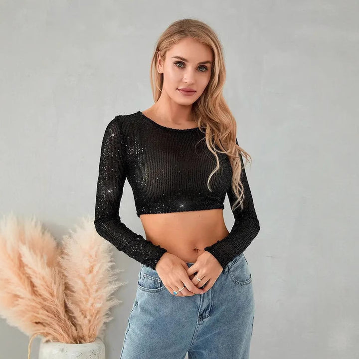Damen Glitzerndes Crop-Top mit langen Ärmeln und figurbetontem Schnitt Drune