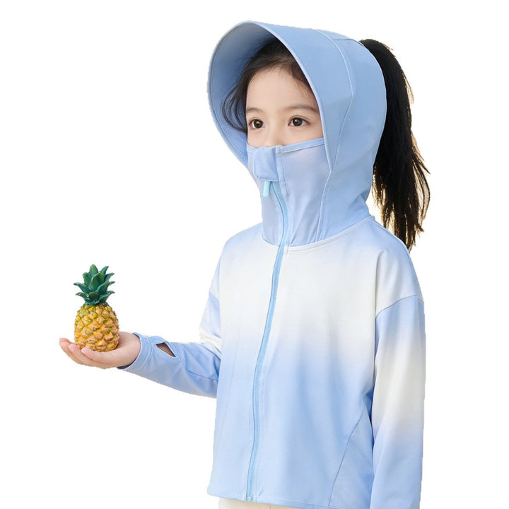 Unisex nan leichte Kinder Sonnenjacke mit integriertem Gesichtsschutz, Kapuzenschild und Pferdeschwanzöffnung  Drune