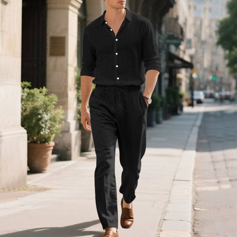 Herren lässige Leinen-Hose mit elastischem Bund und praktischem Kordelzug Drune