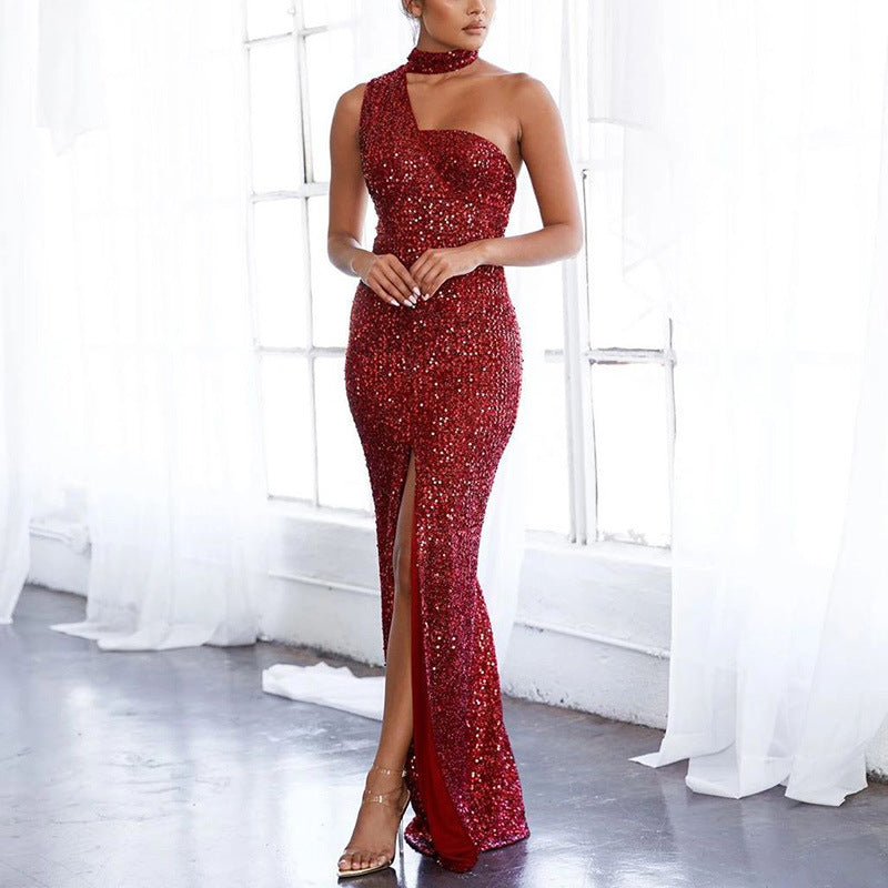 Damen Glamouröses Abendkleid mit schimmerndem Paillettenbesatz und hohem Schlitz Drune