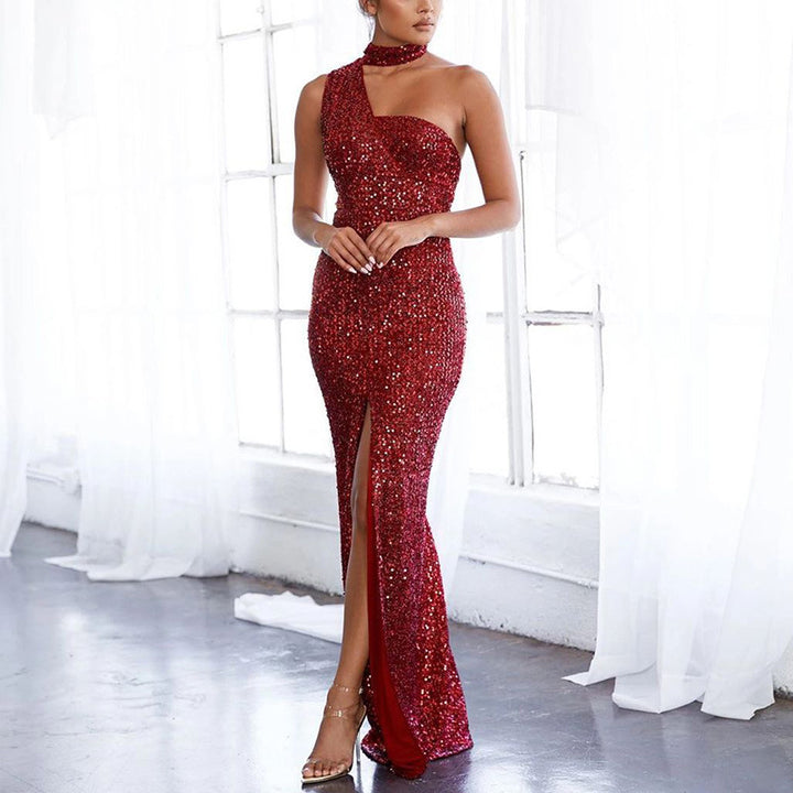 Damen Glamouröses Abendkleid mit schimmerndem Paillettenbesatz und hohem Schlitz Drune