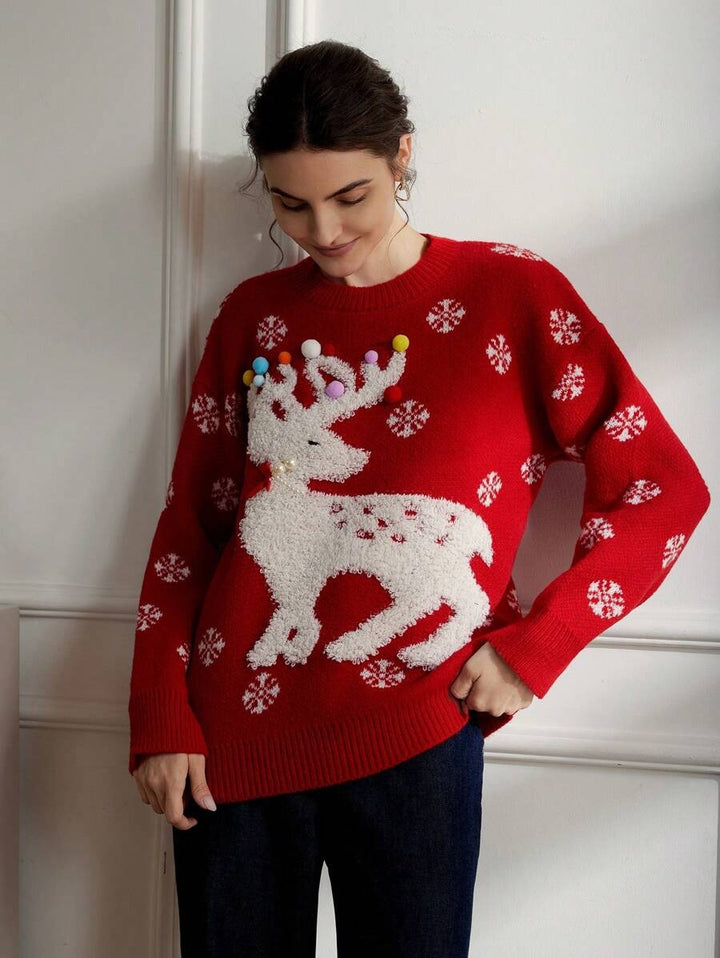 Damen Kuscheliger Weihnachtspullover mit 3D-Rentiermotiv und buntem Dekor Drune