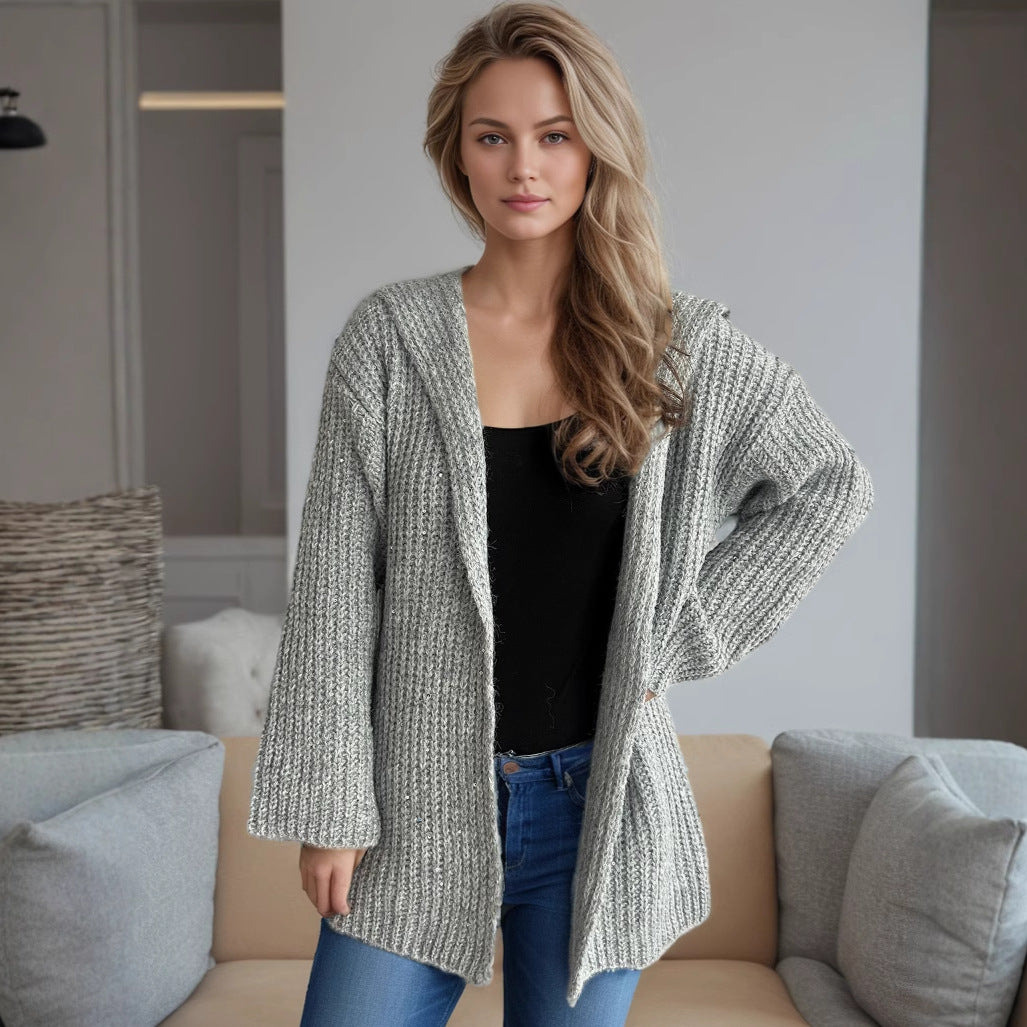 Damen lässige Strickjacke mit offenen Fronten und voluminösen Ärmeln Drune