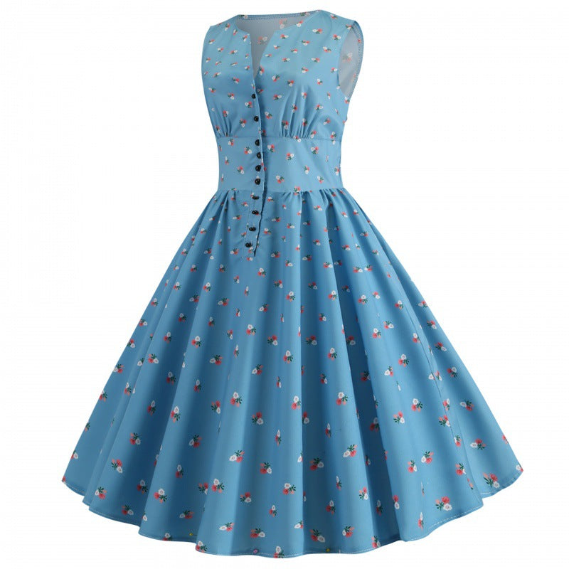 Damen A-Linien Kleid mit floralen Mustern und Knopfdetails Drune