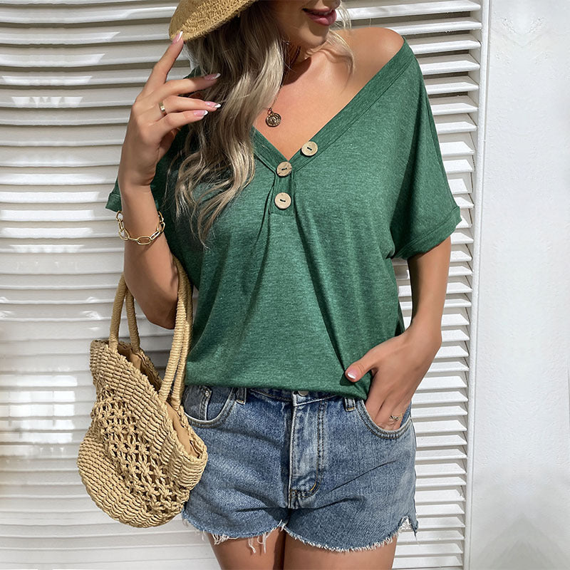 Damen V-Ausschnitt T-Shirt mit Holzknopfdetails Drune