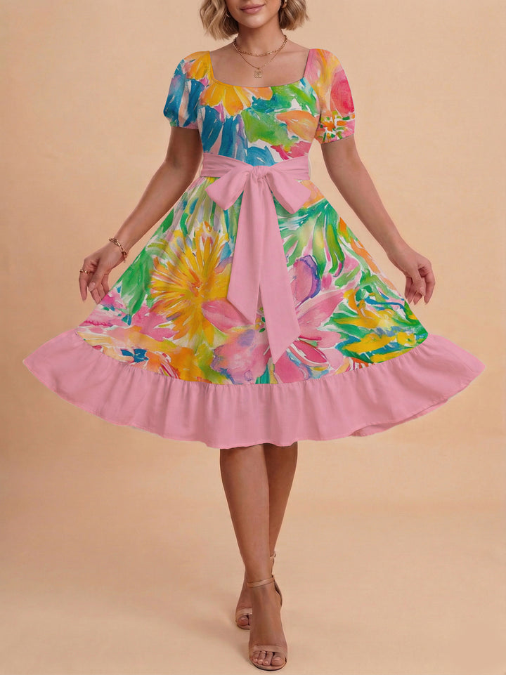 Damen Sommerkleid mit floralem Puffärmel und taillierbarem Gürtel Drune
