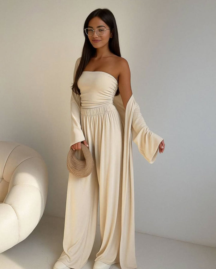 Damen elegantes 3-teiliges Set mit weitem Hosen und tailliertem Oberteil Drune