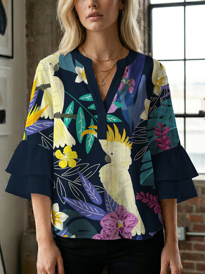 Damen Bluse mit voluminösen Rüschenärmeln und floralem Druck Drune