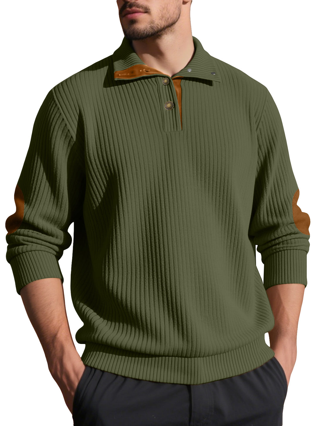 Herren nan Rippstrick-Halbknopf-Pullover mit Kentkragen und Lederbesatz Drune