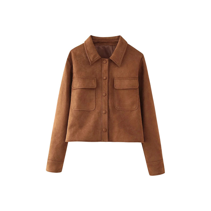 Damen modische Kurzjacke aus Wildlederimitat mit praktischen Taschen und elegantem Kragen Drune