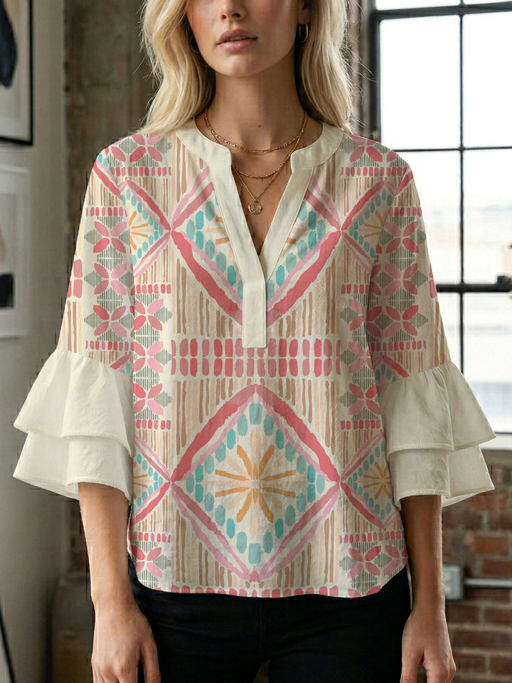 Damen Bluse mit voluminösen Rüschenärmeln und modernem Motiv Drune