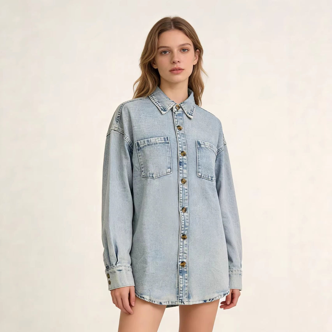 Damen Oversized Denim-Hemd mit aufgesetzten Taschen Drune