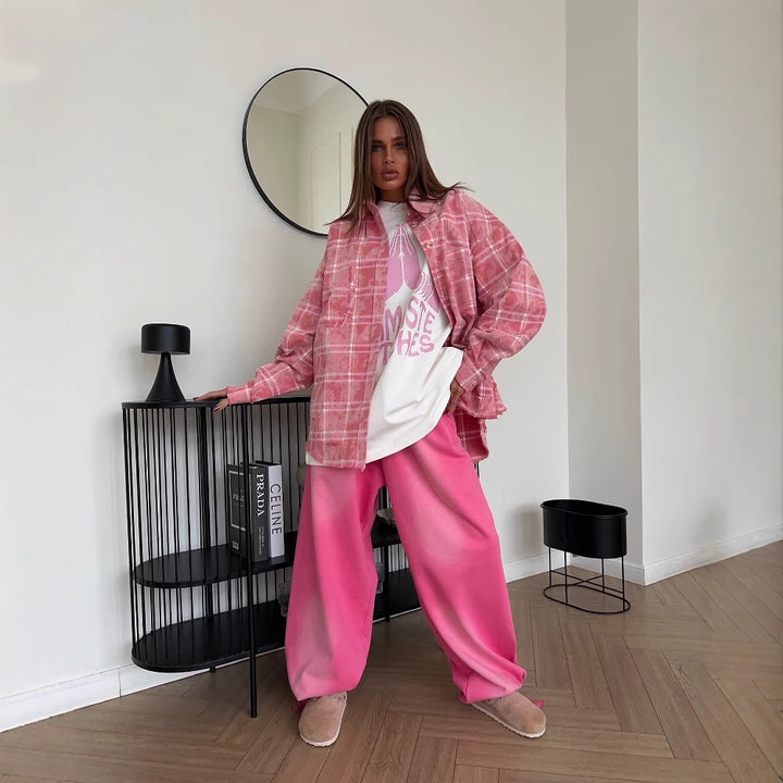 Damen Oversized Hemdbluse im lässigen Karo-Design mit Fransen Drune