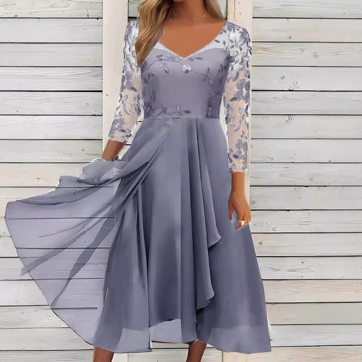 Damen nan V-Ausschnitt Chiffon-Midikleid mit besticktem Bustier, transparenten dreiviertel-Ärmeln und asymmetrischem Lagenrock Drune