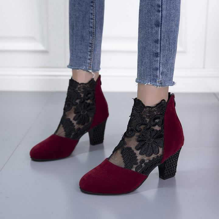 Damen Elegante Schnürstiefeletten mit floraler Spitze und trendigem Blockabsatz Drune