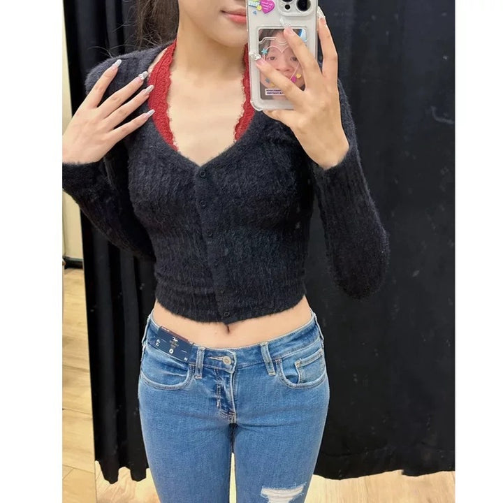 Damen modische Strickjacke mit V-Ausschnitt und Knopfverschluss Drune