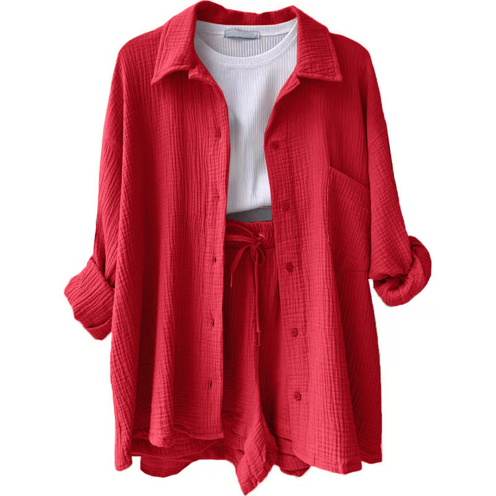Damen lässiges Komfort-Set aus kurzem Top und Oversized-Hemd Drune