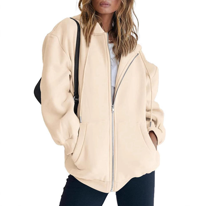 Damen nan Oversize-Zip-Hoodie mit Kapuze Kängurutaschen und weichem French-Terry Drune