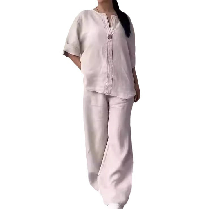Damen nan lässiges Leinen-Relax-Set mit weiter Hose und Hemdbluse Drune