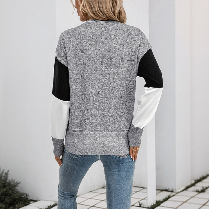 Damen lässiger Pullover mit modischem Patchwork-Design und Rundhalsausschnitt Drune