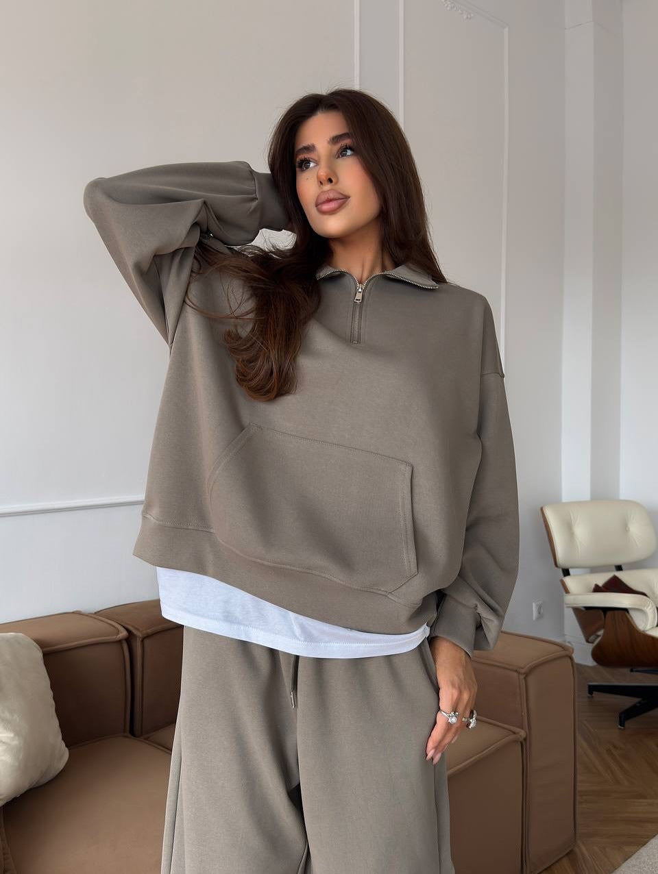 Damen nan weites Halfzip-Lounge-Set mit Kapuzenpullover, Kängurutasche und fließender Wide-Leg-Hose Drune
