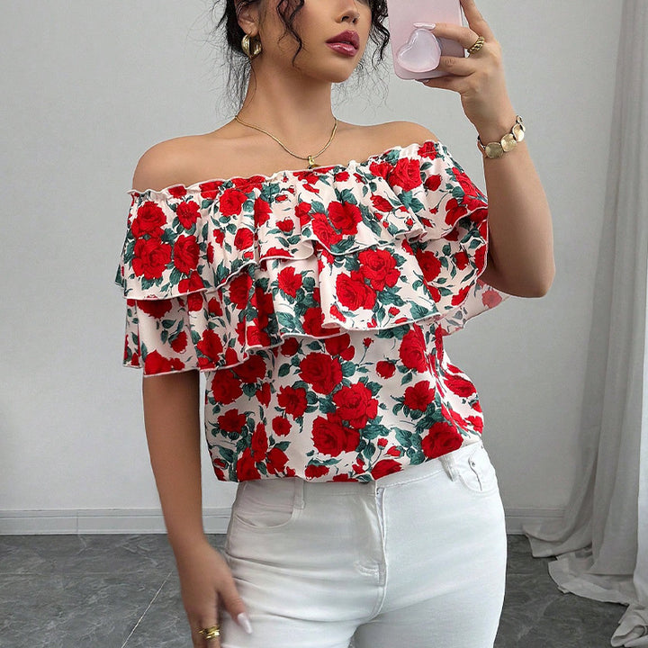 Damen Oberteil mit Volant und floralem Design Drune