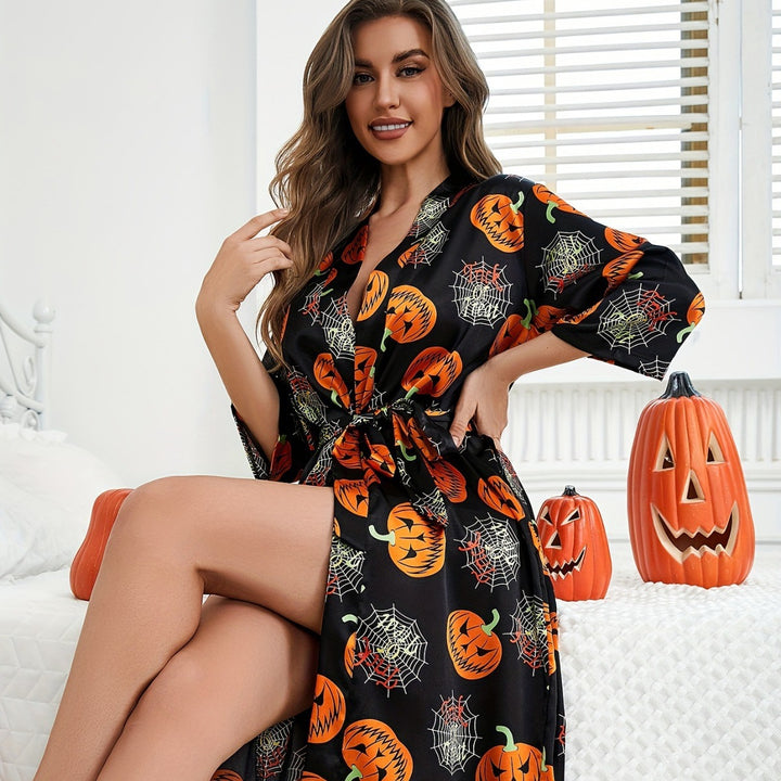 Damen-Halloween-Themen-Satin-Robe mit Gürtel Drune