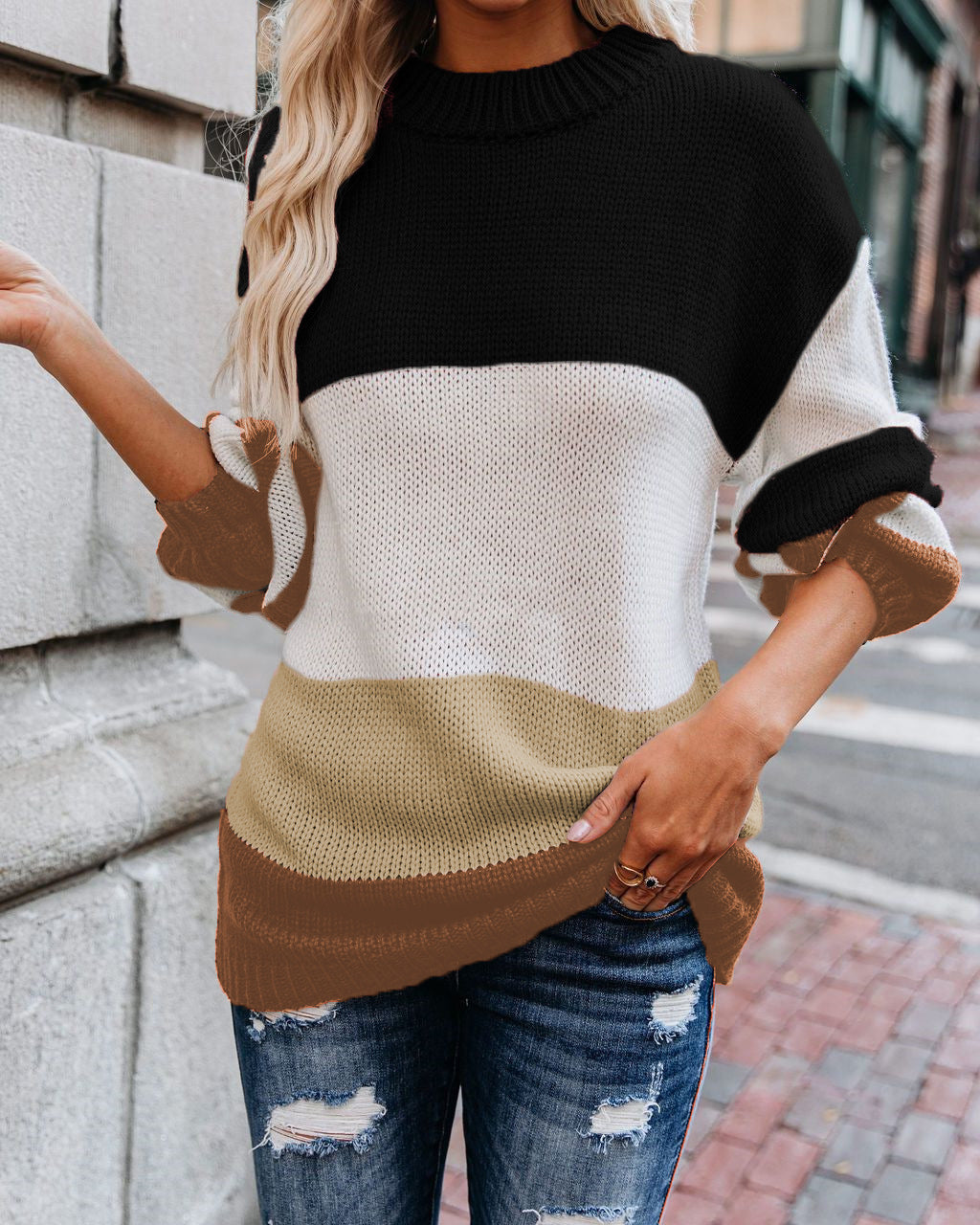Damen Grobstrickpullover mit farbigen Blockelementen Drune