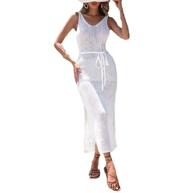 Damen Längeres Strandkleid mit luftiger Netzstruktur und Gürtel Drune