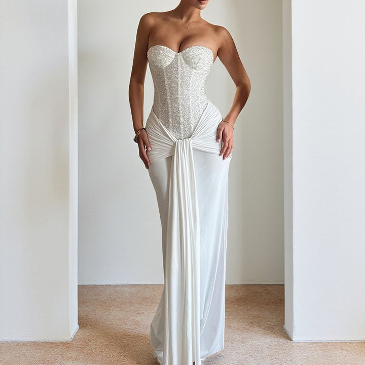 Damen schickes Maxikleid mit elegantem Bustier-Oberteil und gerafftem Rock Drune