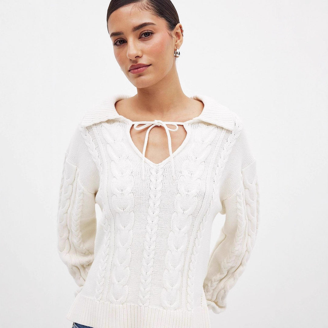 Damen Grobstrickpullover mit romantischem Kragen und praktischen Schnürdetails Drune