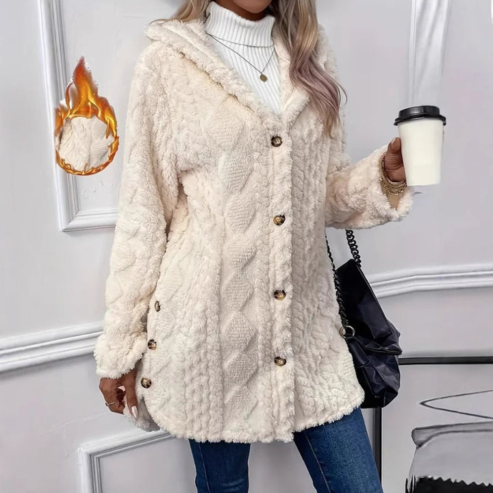 Damen kuscheliger Oversized-Mantel mit Kapuze und Knopfleiste Drune