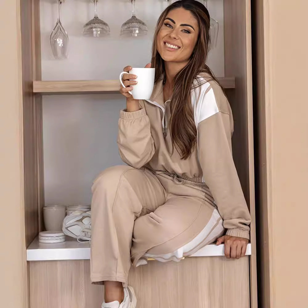 Damen sportliches Fleece-Lounge-Set mit hohem Kragen und elastischen Bündchen Drune