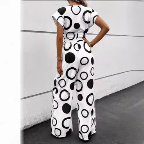 Damen Jumpsuit mit modernem Kreismuster und Gürtel Drune