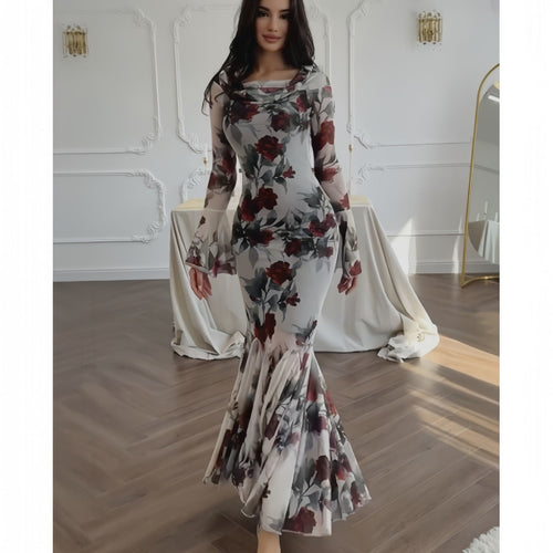 Drune | Blumenmuster Langarm Langrock Kleid