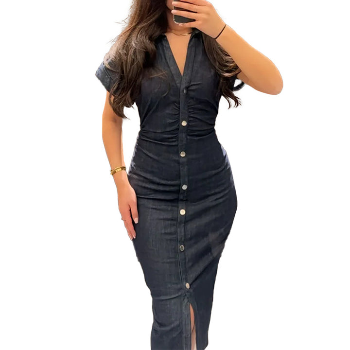 Damen Knielanges Denim Kleid mit elegantem Knopfdesign Drune