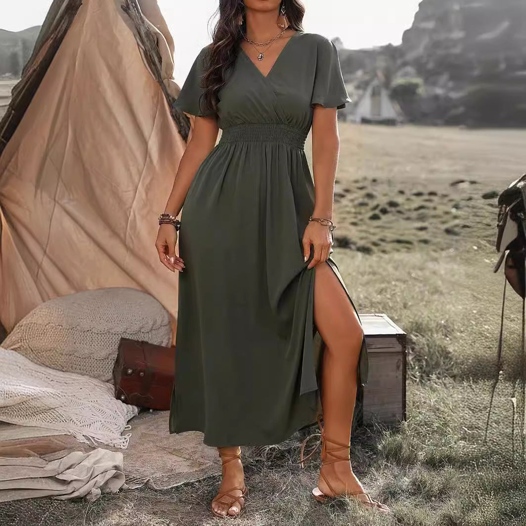 Damen Elegantes Maxikleid mit Wickeloptik und Puffärmeln Drune