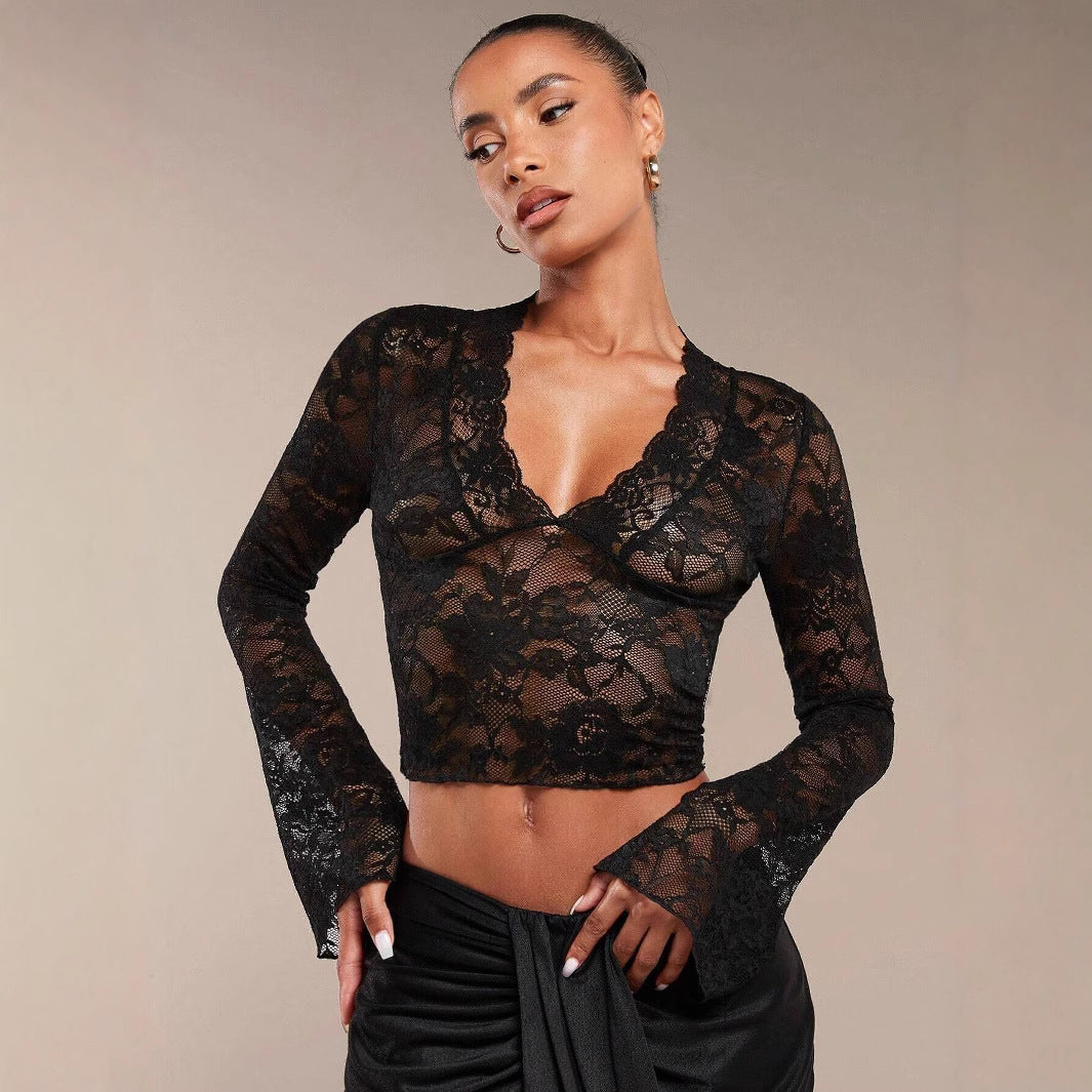 Drune | Transparentes Spitzen-V-Ausschnitt Enges Glockenärmel-Top