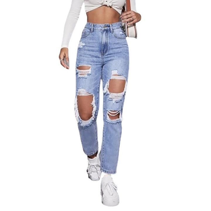 Damen High-Waist Destroyed Jeans im modernen Relaxed-Fit-Stil Drune