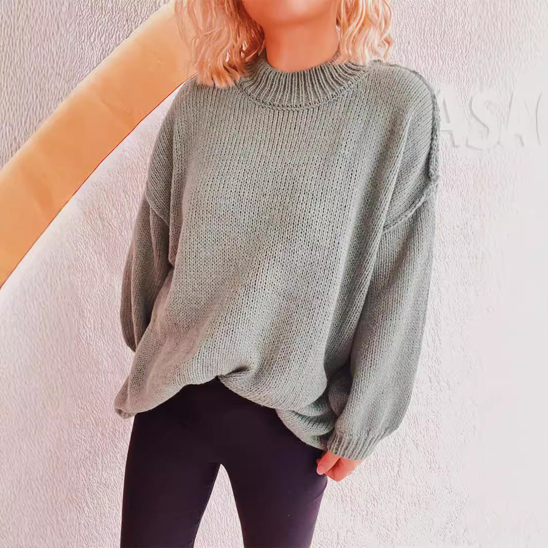 Damen lässiger Grobstrickpullover mit hohem Kragen und weitem Schnitt Drune