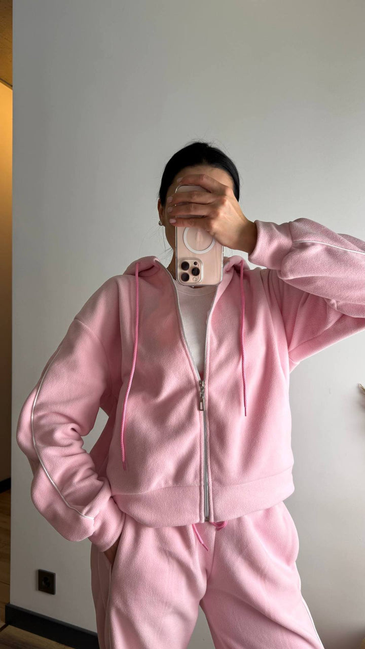 Damen modischer Fleece-Jogginganzug mit Reißverschluss und seitlichen Streifen Drune