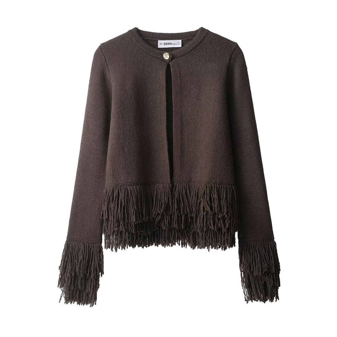 Damen Fransen Strickjacke mit eleganter Knopfverschlusstechnik Drune